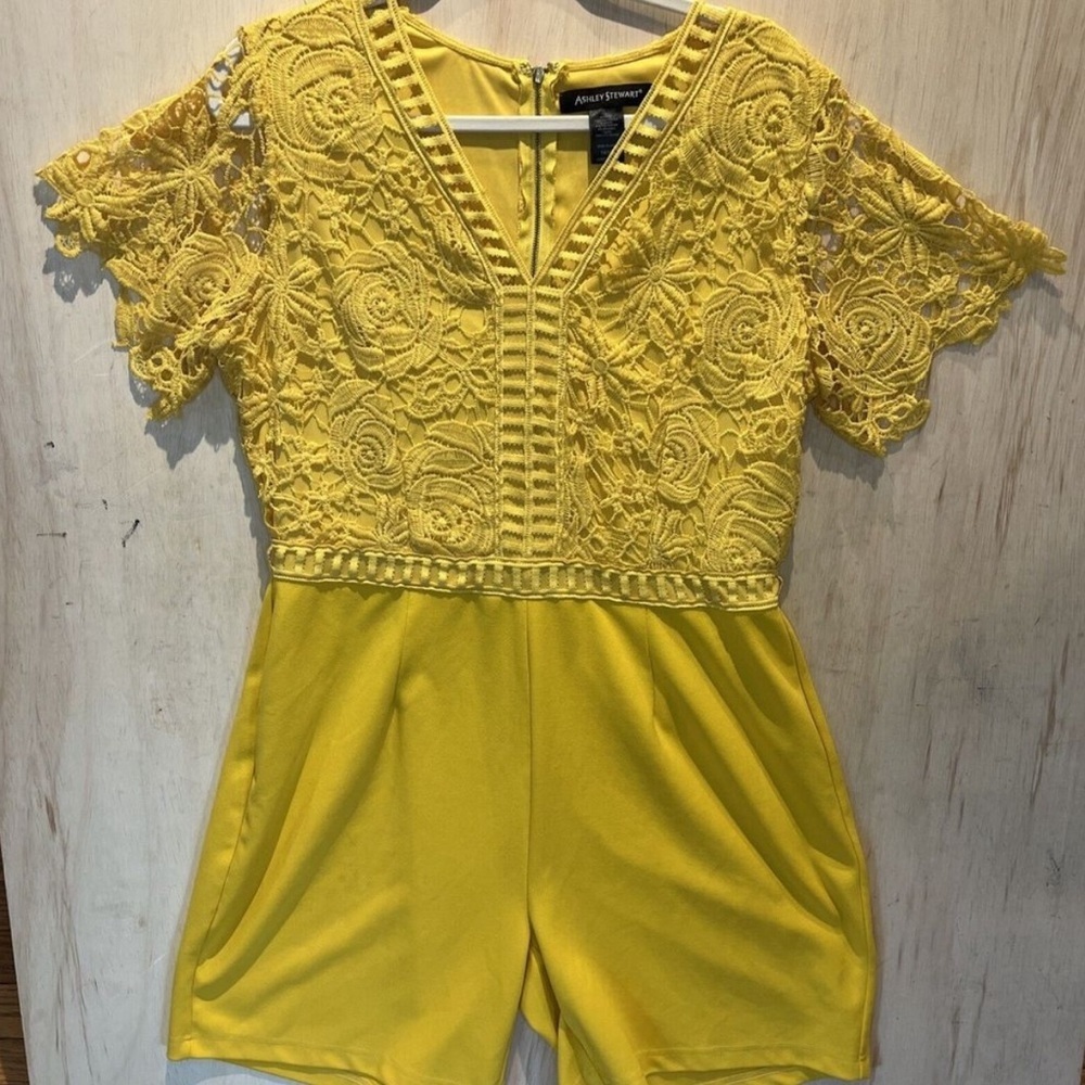 ASHLEY STEWART womens jumper yellow Romper Dress Shorts Lace size 14 16 party